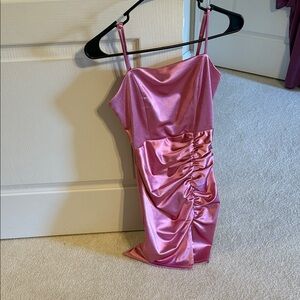 Pink Satin Ruched Mini Dress